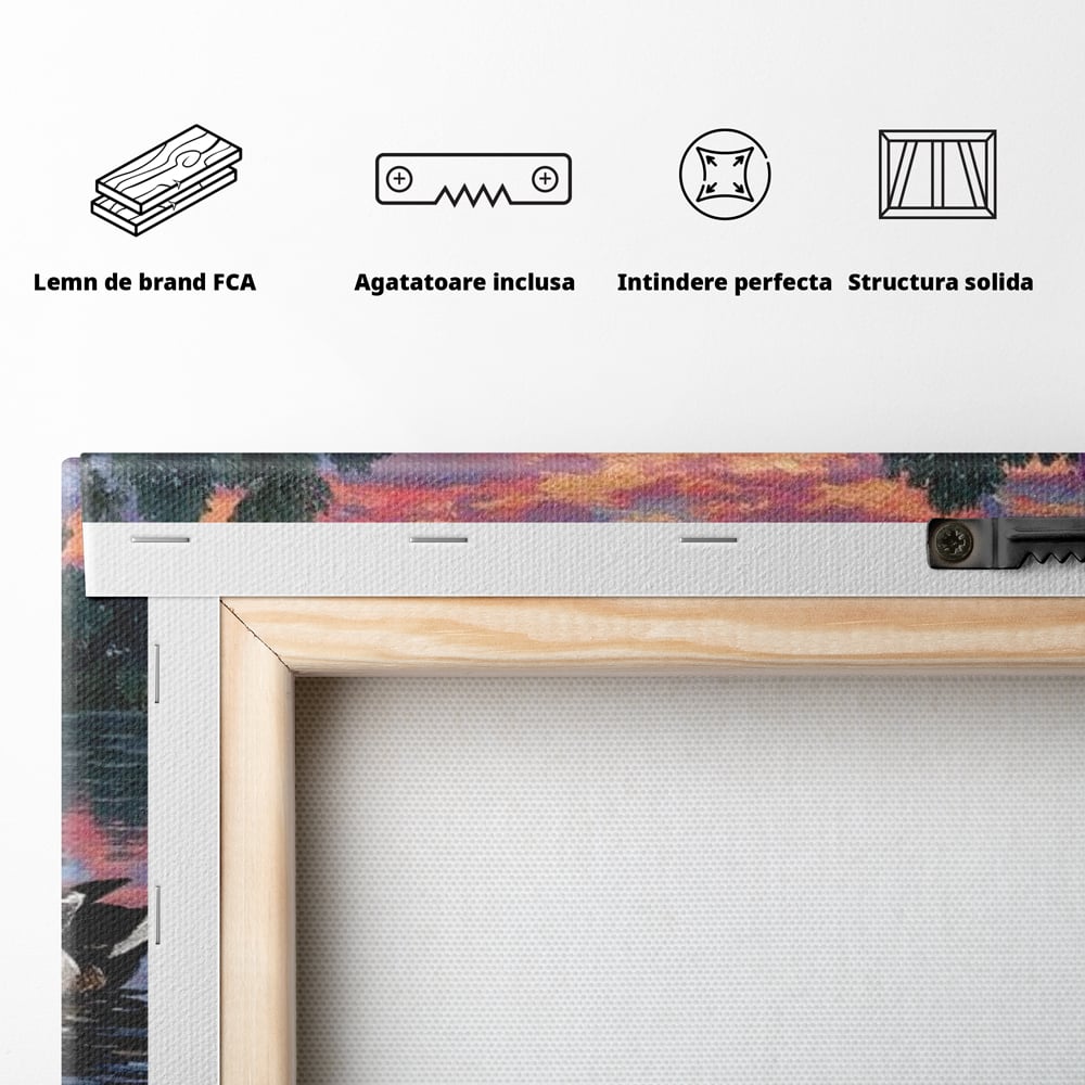 Tablou Canvas Premium, LuxCanva® M1122, Poem de Seara, Nufar, Apus, Lac, Apa, Violet, Rata, Pasare, Vegetatie, Copaci, Pastel, Seara, Relaxare, Birou, Living, Camera Copil