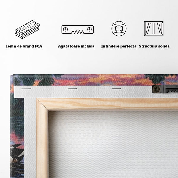 Tablou Canvas Premium, LuxCanva® M1122, Poem de Seara, Nufar, Apus, Lac, Apa, Violet, Rata, Pasare, Vegetatie, Copaci, Pastel, Seara, Relaxare, Birou, Living, Camera Copil