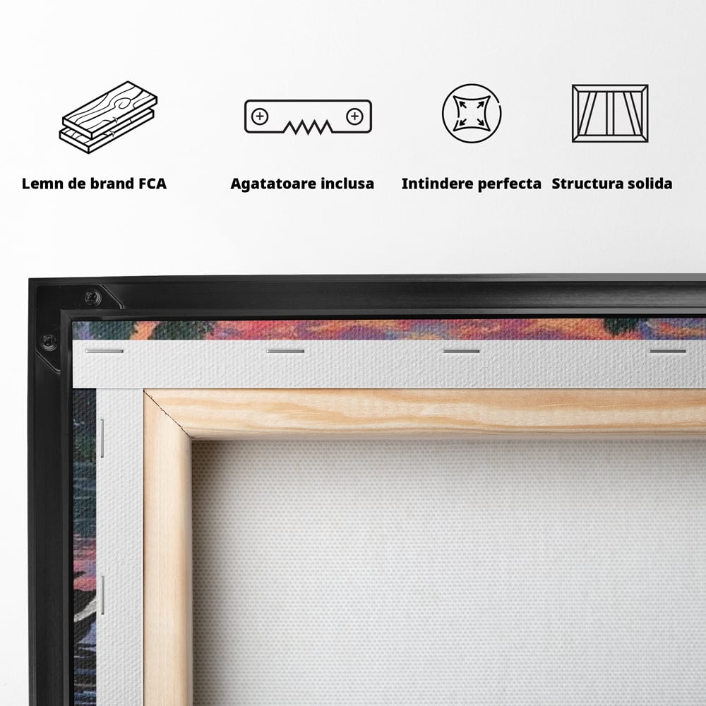 Tablou Canvas Premium, LuxCanva® M1122, Poem de Seara, Nufar, Apus, Lac, Apa, Violet, Rata, Pasare, Vegetatie, Copaci, Pastel, Seara, Relaxare, Birou, Living, Camera Copil