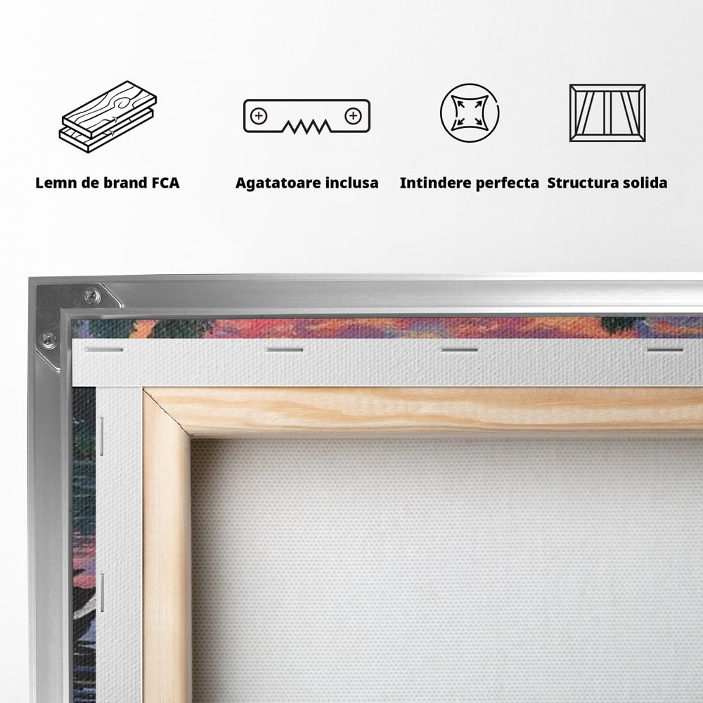 Tablou Canvas Premium, LuxCanva® M1122, Poem de Seara, Nufar, Apus, Lac, Apa, Violet, Rata, Pasare, Vegetatie, Copaci, Pastel, Seara, Relaxare, Birou, Living, Camera Copil