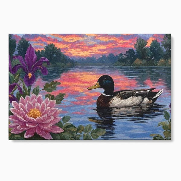 Tablou Canvas Premium, LuxCanva® M1122, Poem de Seara, Nufar, Apus, Lac, Apa, Violet, Rata, Pasare, Vegetatie, Copaci, Pastel, Seara, Relaxare, Birou, Living, Camera Copil