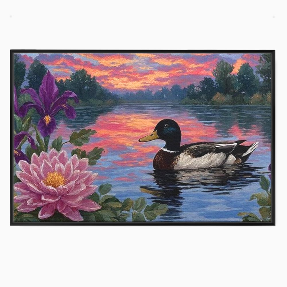 Tablou Canvas Premium, LuxCanva® M1122, Poem de Seara, Nufar, Apus, Lac, Apa, Violet, Rata, Pasare, Vegetatie, Copaci, Pastel, Seara, Relaxare, Birou, Living, Camera Copil