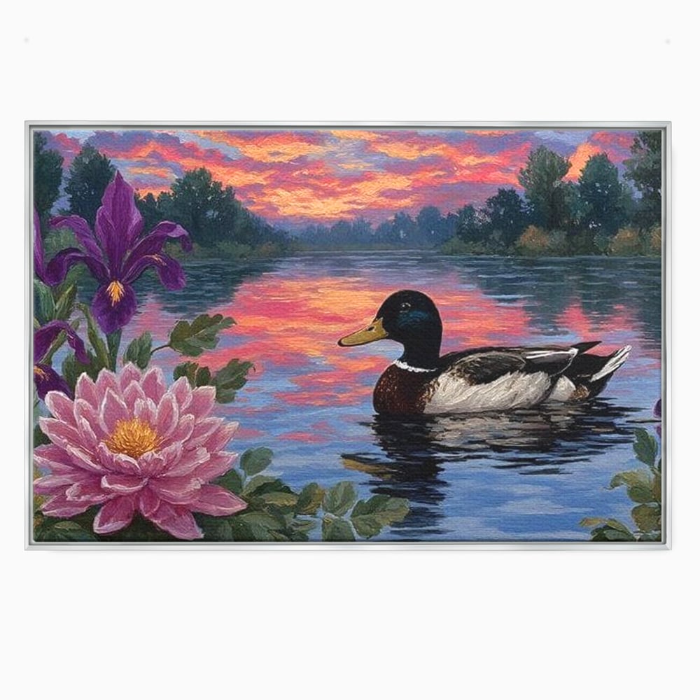 Tablou Canvas Premium, LuxCanva® M1122, Poem de Seara, Nufar, Apus, Lac, Apa, Violet, Rata, Pasare, Vegetatie, Copaci, Pastel, Seara, Relaxare, Birou, Living, Camera Copil