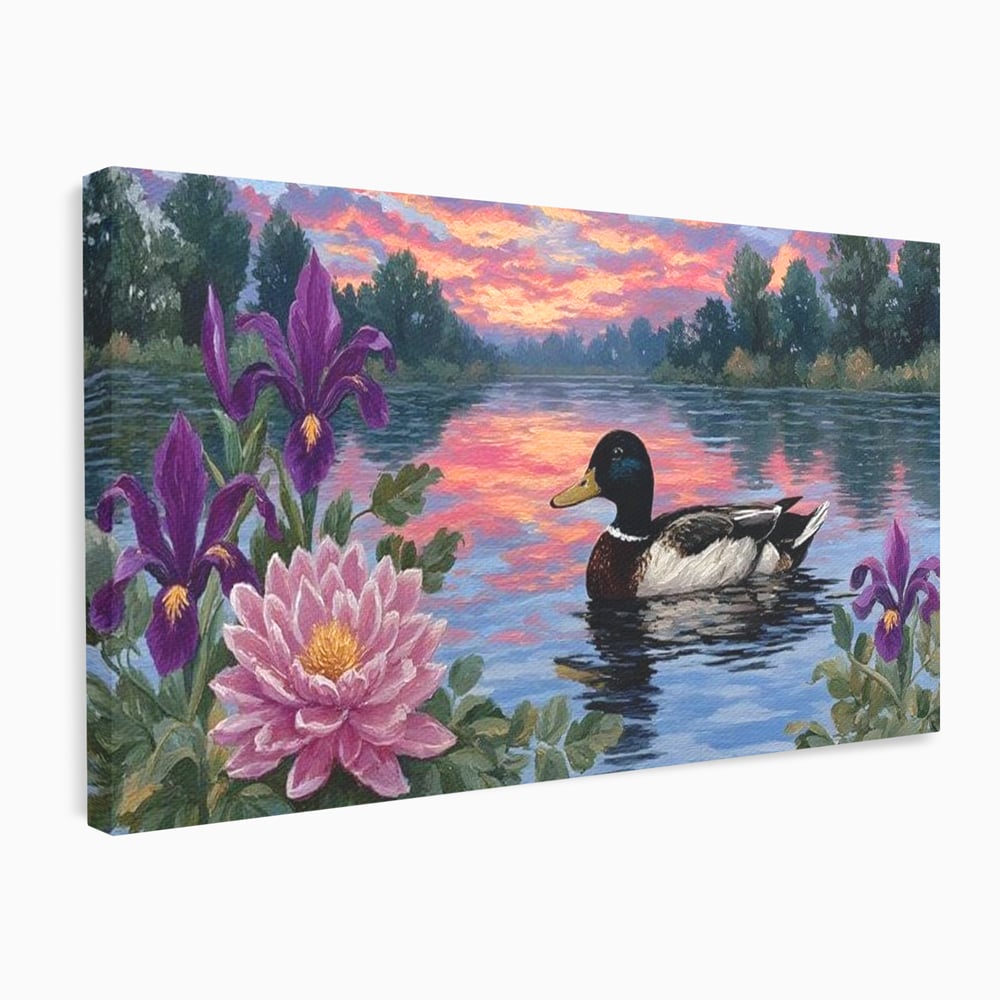 Tablou Canvas Premium, LuxCanva® M1122, Poem de Seara, Nufar, Apus, Lac, Apa, Violet, Rata, Pasare, Vegetatie, Copaci, Pastel, Seara, Relaxare, Birou, Living, Camera Copil