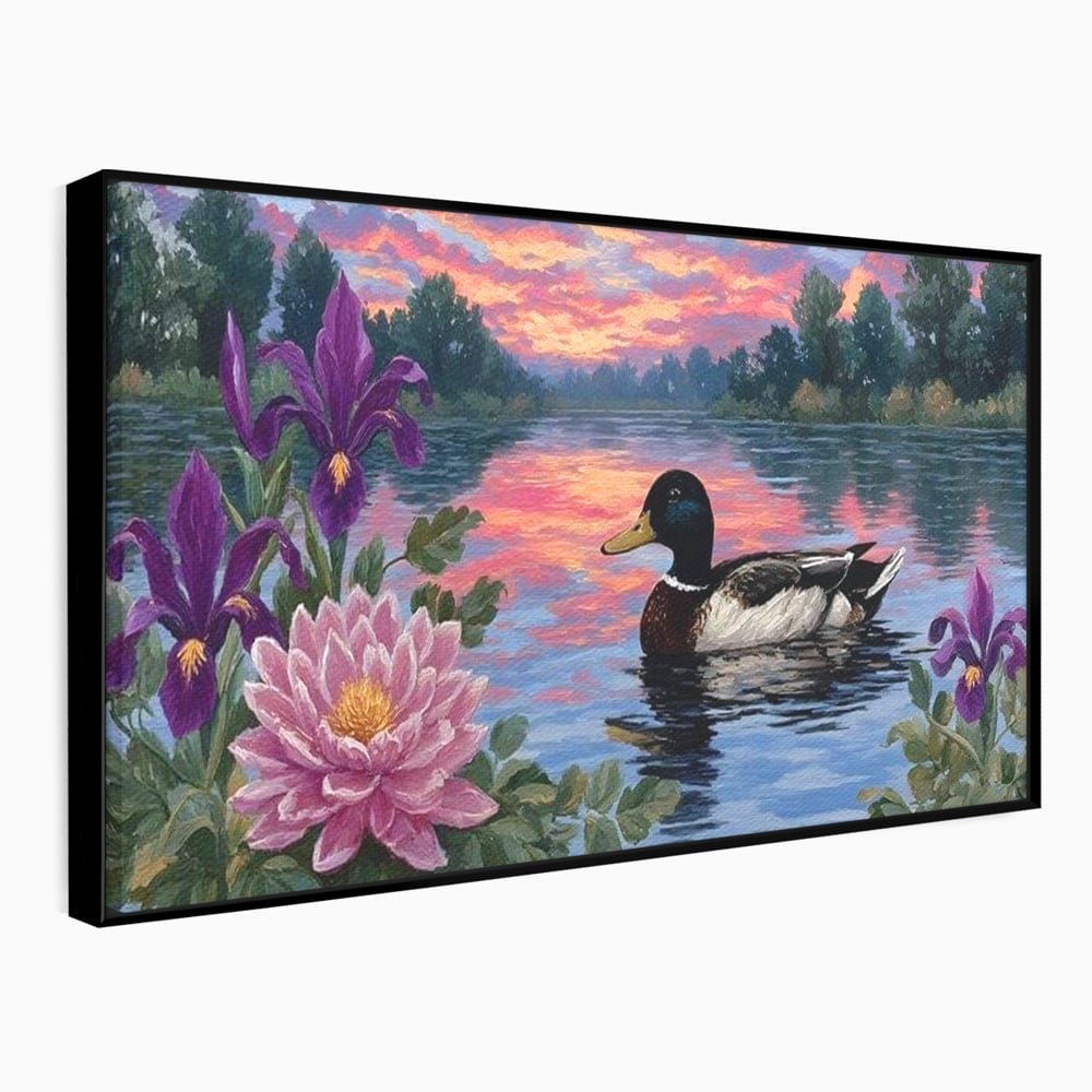 Tablou Canvas Premium, LuxCanva® M1122, Poem de Seara, Nufar, Apus, Lac, Apa, Violet, Rata, Pasare, Vegetatie, Copaci, Pastel, Seara, Relaxare, Birou, Living, Camera Copil