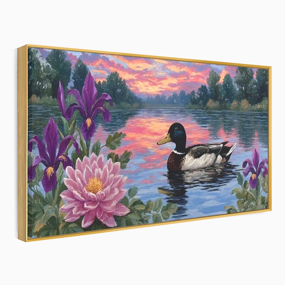 Tablou Canvas Premium, LuxCanva® M1122, Poem de Seara, Nufar, Apus, Lac, Apa, Violet, Rata, Pasare, Vegetatie, Copaci, Pastel, Seara, Relaxare, Birou, Living, Camera Copil