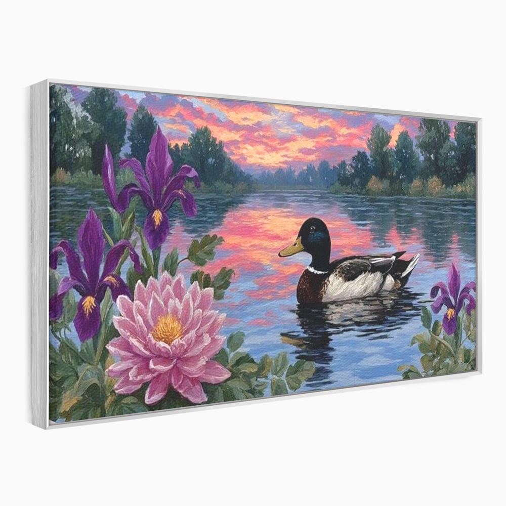 Tablou Canvas Premium, LuxCanva® M1122, Poem de Seara, Nufar, Apus, Lac, Apa, Violet, Rata, Pasare, Vegetatie, Copaci, Pastel, Seara, Relaxare, Birou, Living, Camera Copil
