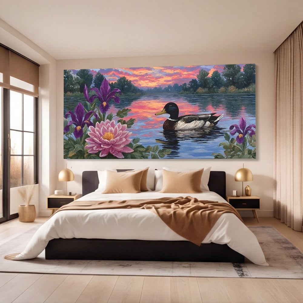 Tablou Canvas Premium, LuxCanva® M1122, Poem de Seara, Nufar, Apus, Lac, Apa, Violet, Rata, Pasare, Vegetatie, Copaci, Pastel, Seara, Relaxare, Birou, Living, Camera Copil