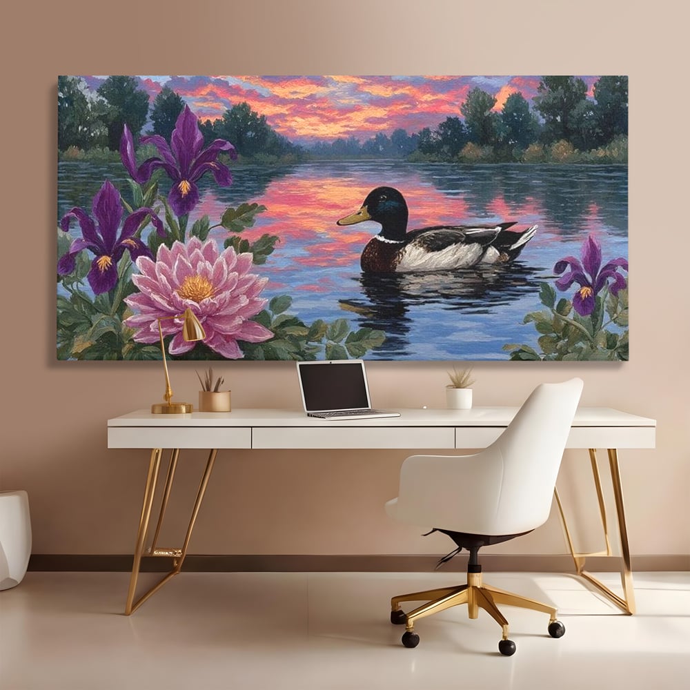 Tablou Canvas Premium, LuxCanva® M1122, Poem de Seara, Nufar, Apus, Lac, Apa, Violet, Rata, Pasare, Vegetatie, Copaci, Pastel, Seara, Relaxare, Birou, Living, Camera Copil