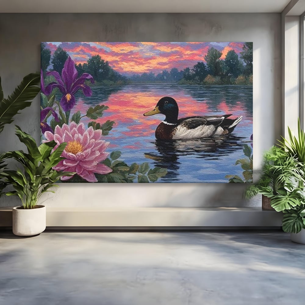 Tablou Canvas Premium, LuxCanva® M1122, Poem de Seara, Nufar, Apus, Lac, Apa, Violet, Rata, Pasare, Vegetatie, Copaci, Pastel, Seara, Relaxare, Birou, Living, Camera Copil