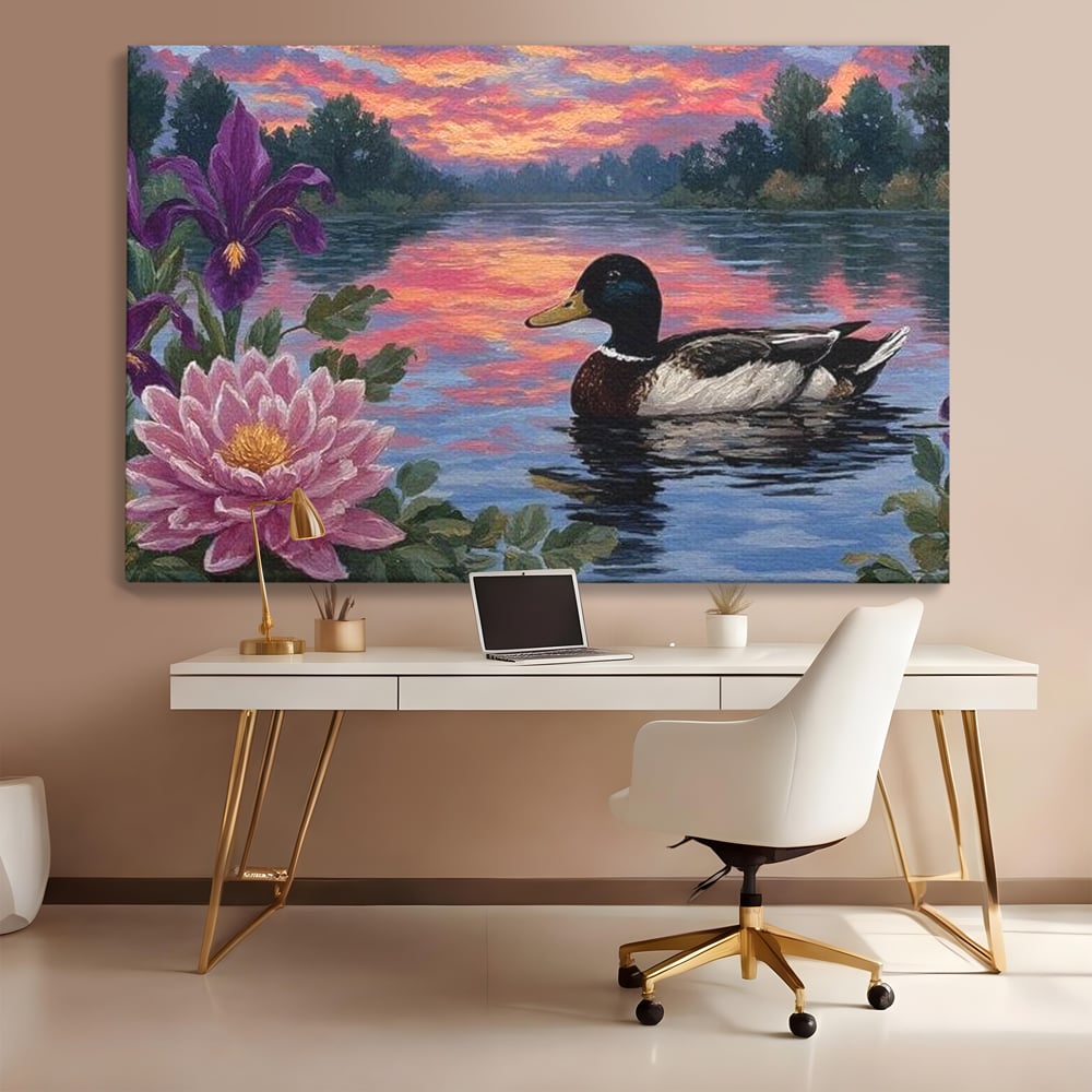 Tablou Canvas Premium, LuxCanva® M1122, Poem de Seara, Nufar, Apus, Lac, Apa, Violet, Rata, Pasare, Vegetatie, Copaci, Pastel, Seara, Relaxare, Birou, Living, Camera Copil