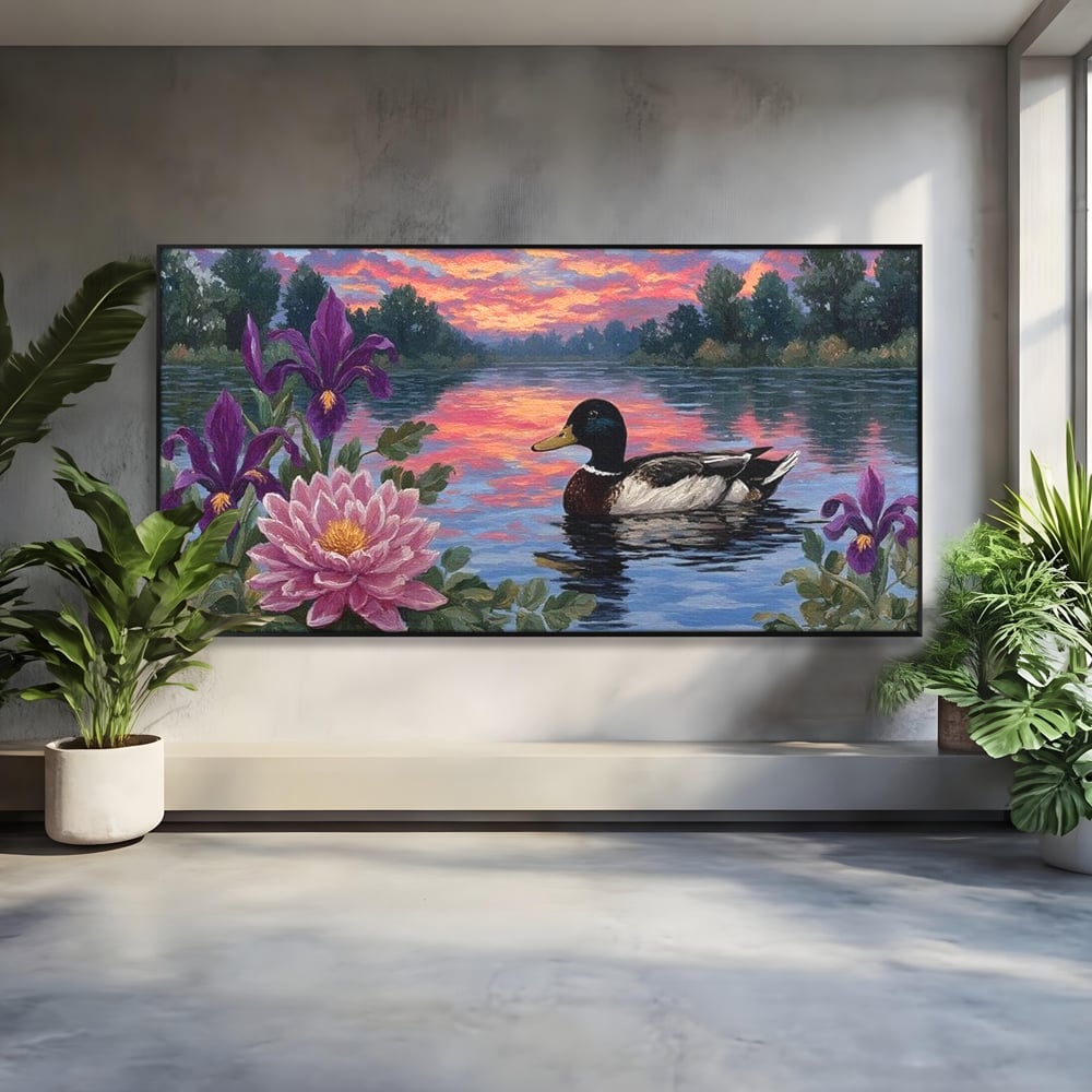 Tablou Canvas Premium, LuxCanva® M1122, Poem de Seara, Nufar, Apus, Lac, Apa, Violet, Rata, Pasare, Vegetatie, Copaci, Pastel, Seara, Relaxare, Birou, Living, Camera Copil