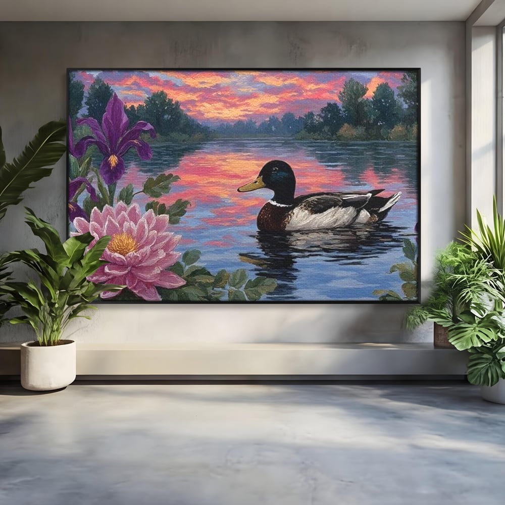 Tablou Canvas Premium, LuxCanva® M1122, Poem de Seara, Nufar, Apus, Lac, Apa, Violet, Rata, Pasare, Vegetatie, Copaci, Pastel, Seara, Relaxare, Birou, Living, Camera Copil