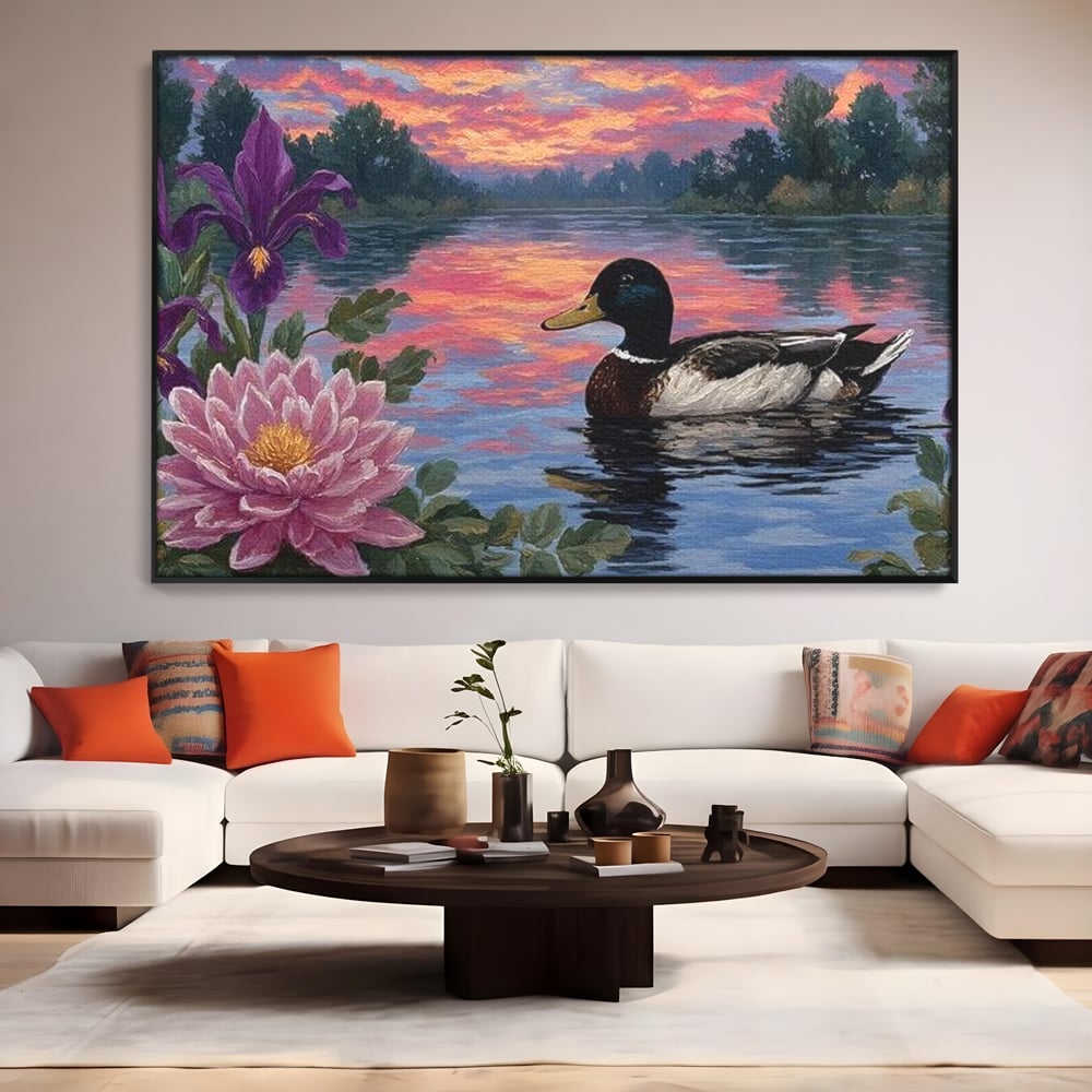Tablou Canvas Premium, LuxCanva® M1122, Poem de Seara, Nufar, Apus, Lac, Apa, Violet, Rata, Pasare, Vegetatie, Copaci, Pastel, Seara, Relaxare, Birou, Living, Camera Copil