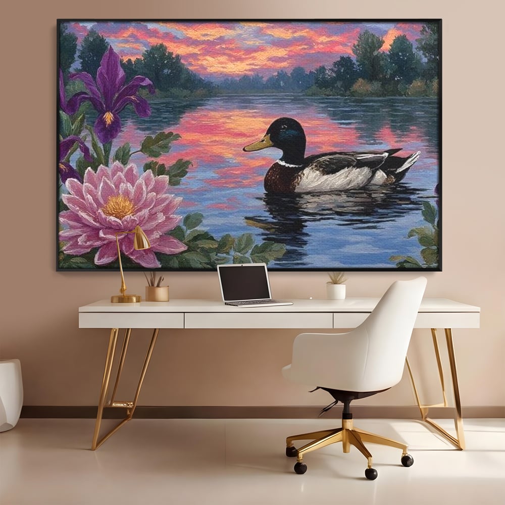 Tablou Canvas Premium, LuxCanva® M1122, Poem de Seara, Nufar, Apus, Lac, Apa, Violet, Rata, Pasare, Vegetatie, Copaci, Pastel, Seara, Relaxare, Birou, Living, Camera Copil