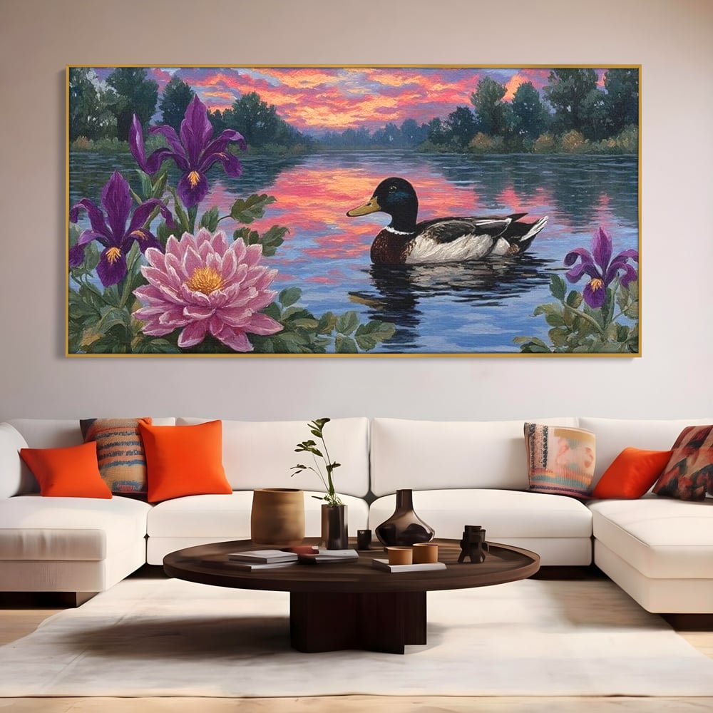 Tablou Canvas Premium, LuxCanva® M1122, Poem de Seara, Nufar, Apus, Lac, Apa, Violet, Rata, Pasare, Vegetatie, Copaci, Pastel, Seara, Relaxare, Birou, Living, Camera Copil