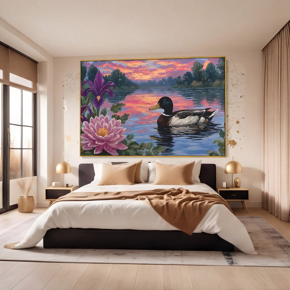 Tablou Canvas Premium, LuxCanva® M1122, Poem de Seara, Nufar, Apus, Lac, Apa, Violet, Rata, Pasare, Vegetatie, Copaci, Pastel, Seara, Relaxare, Birou, Living, Camera Copil