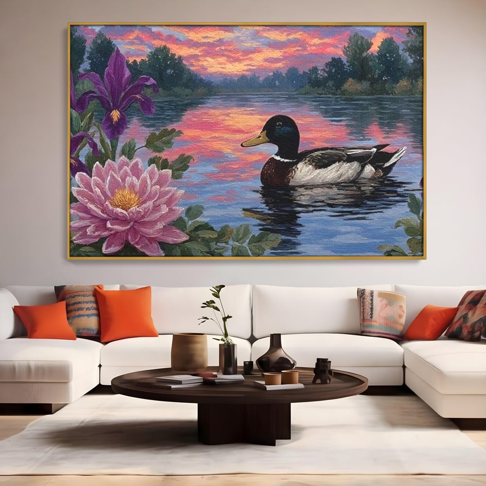 Tablou Canvas Premium, LuxCanva® M1122, Poem de Seara, Nufar, Apus, Lac, Apa, Violet, Rata, Pasare, Vegetatie, Copaci, Pastel, Seara, Relaxare, Birou, Living, Camera Copil