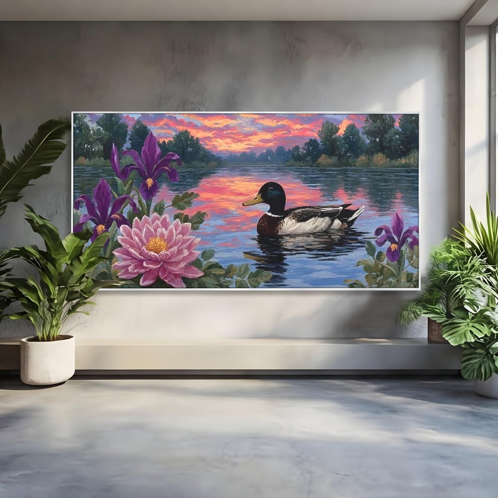 Tablou Canvas Premium, LuxCanva® M1122, Poem de Seara, Nufar, Apus, Lac, Apa, Violet, Rata, Pasare, Vegetatie, Copaci, Pastel, Seara, Relaxare, Birou, Living, Camera Copil