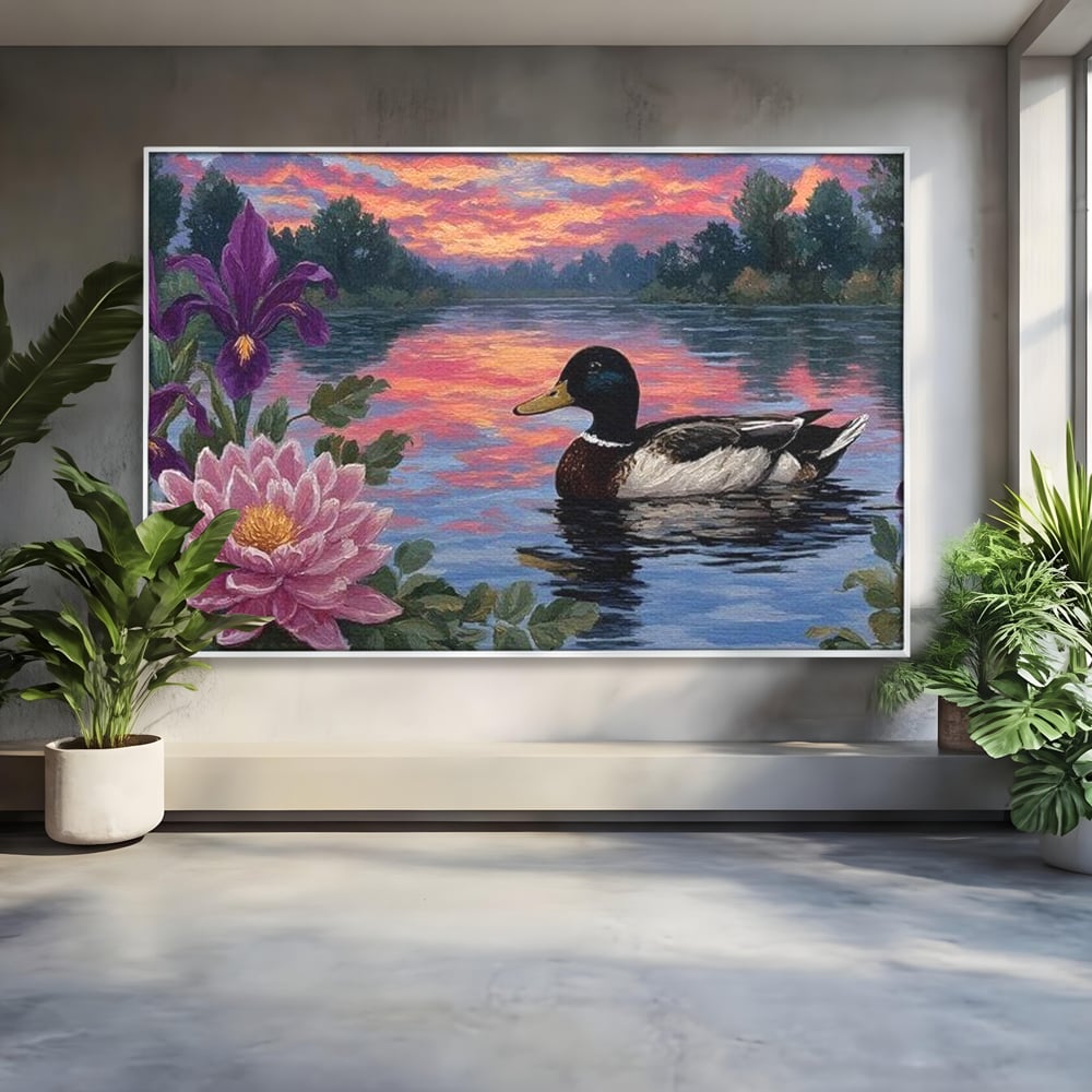 Tablou Canvas Premium, LuxCanva® M1122, Poem de Seara, Nufar, Apus, Lac, Apa, Violet, Rata, Pasare, Vegetatie, Copaci, Pastel, Seara, Relaxare, Birou, Living, Camera Copil
