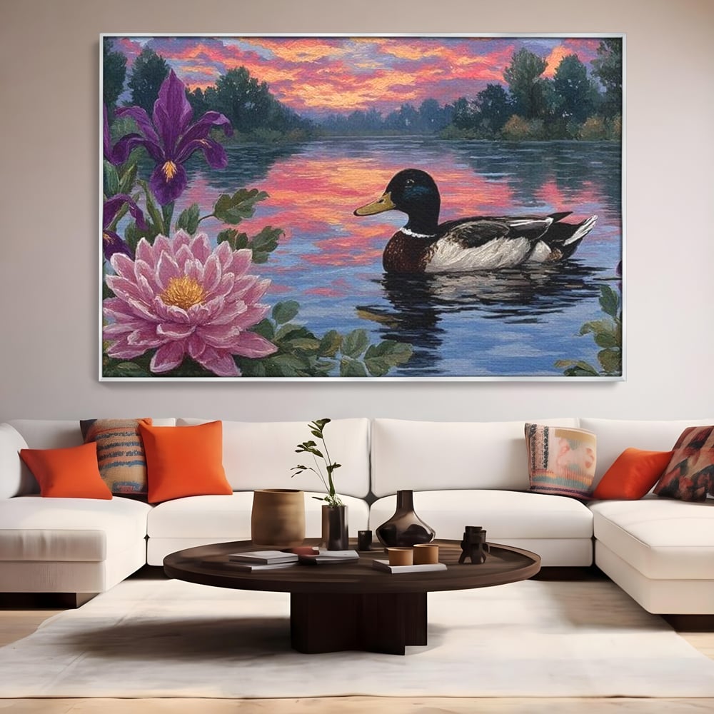 Tablou Canvas Premium, LuxCanva® M1122, Poem de Seara, Nufar, Apus, Lac, Apa, Violet, Rata, Pasare, Vegetatie, Copaci, Pastel, Seara, Relaxare, Birou, Living, Camera Copil