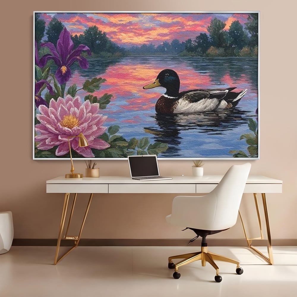 Tablou Canvas Premium, LuxCanva® M1122, Poem de Seara, Nufar, Apus, Lac, Apa, Violet, Rata, Pasare, Vegetatie, Copaci, Pastel, Seara, Relaxare, Birou, Living, Camera Copil