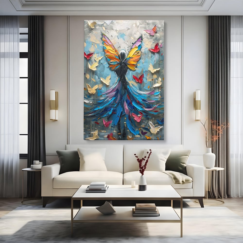 Tablou Canvas Premium, LuxCanva® M1125, Regina Fluturilor, Feminin, Fata, Rochie, Metamorfoza, Aripi, Fluturi, Pictura, Modern, Arta, Oniric, Transformare, Birou, Living, Camera Copil