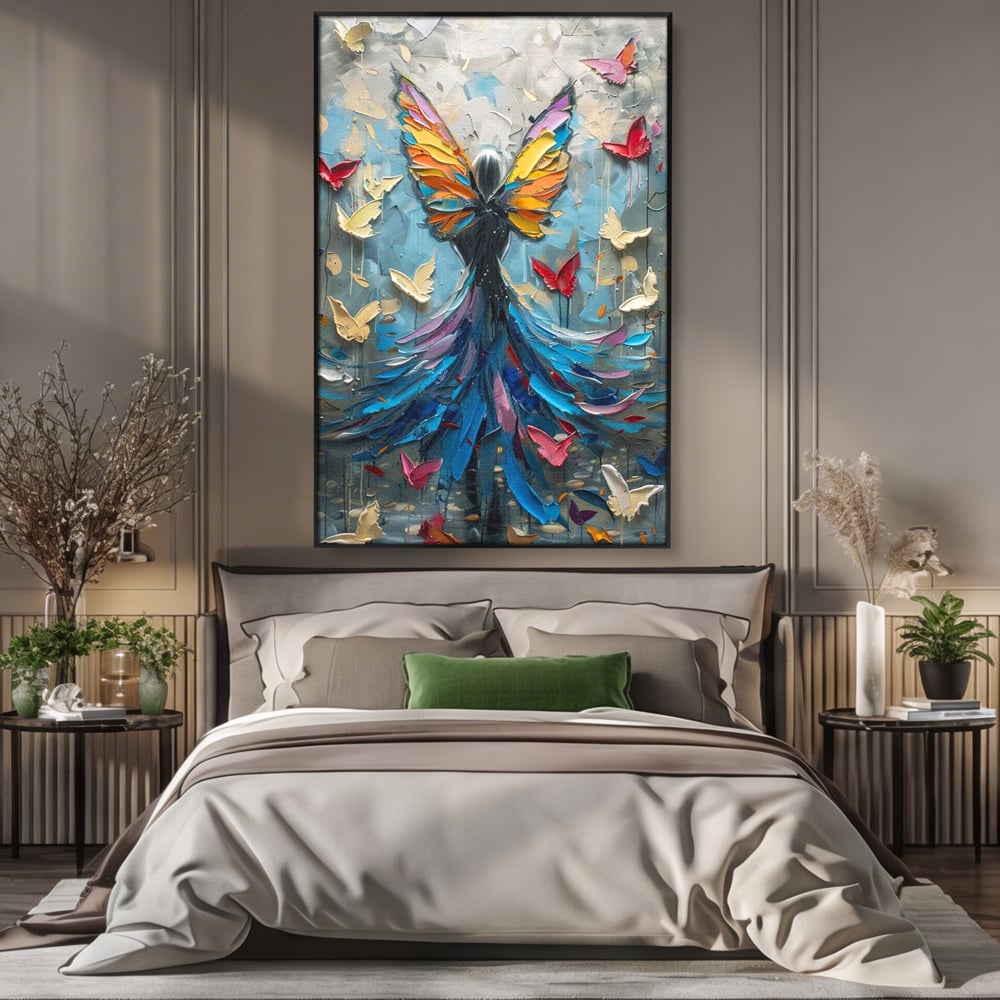 Tablou Canvas Premium, LuxCanva® M1125, Regina Fluturilor, Feminin, Fata, Rochie, Metamorfoza, Aripi, Fluturi, Pictura, Modern, Arta, Oniric, Transformare, Birou, Living, Camera Copil