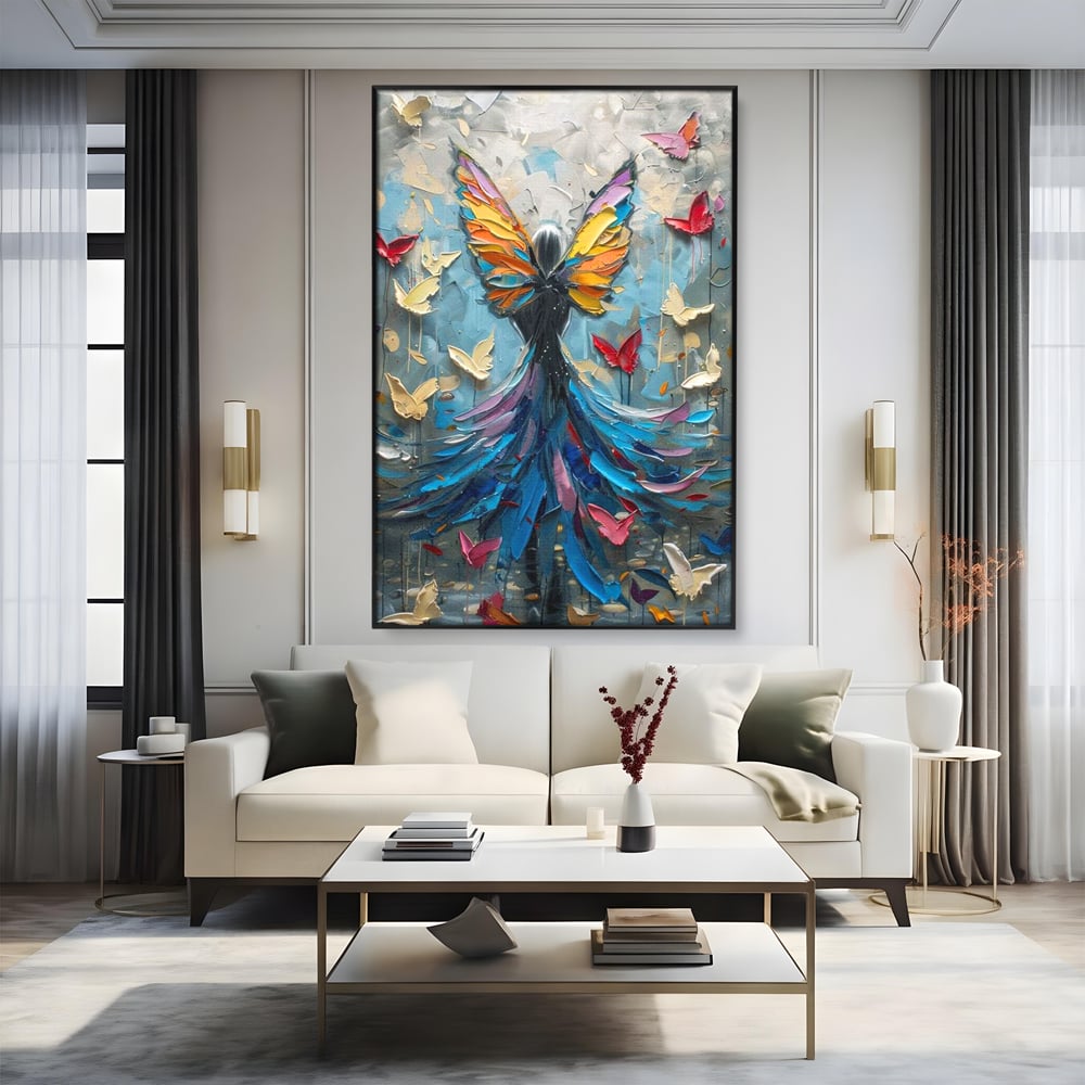 Tablou Canvas Premium, LuxCanva® M1125, Regina Fluturilor, Feminin, Fata, Rochie, Metamorfoza, Aripi, Fluturi, Pictura, Modern, Arta, Oniric, Transformare, Birou, Living, Camera Copil