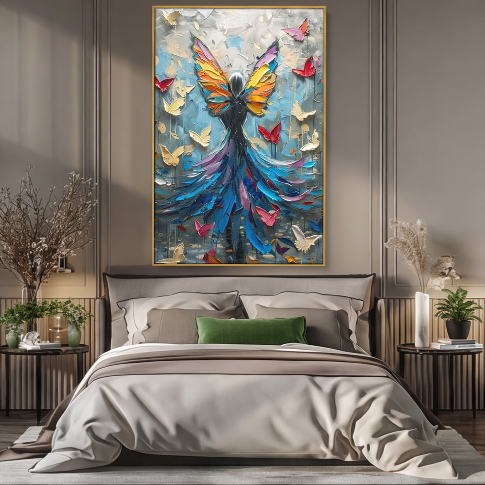 Tablou Canvas Premium, LuxCanva® M1125, Regina Fluturilor, Feminin, Fata, Rochie, Metamorfoza, Aripi, Fluturi, Pictura, Modern, Arta, Oniric, Transformare, Birou, Living, Camera Copil