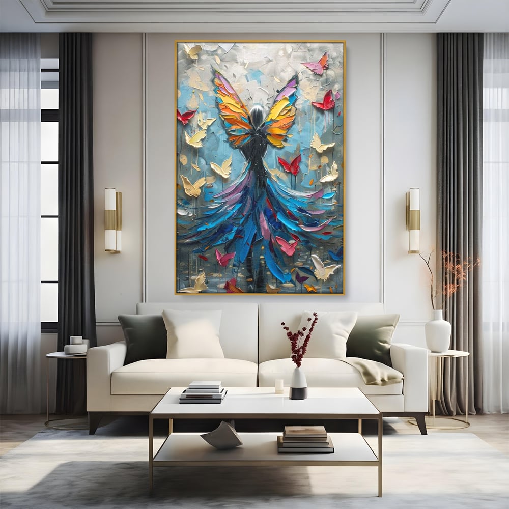Tablou Canvas Premium, LuxCanva® M1125, Regina Fluturilor, Feminin, Fata, Rochie, Metamorfoza, Aripi, Fluturi, Pictura, Modern, Arta, Oniric, Transformare, Birou, Living, Camera Copil