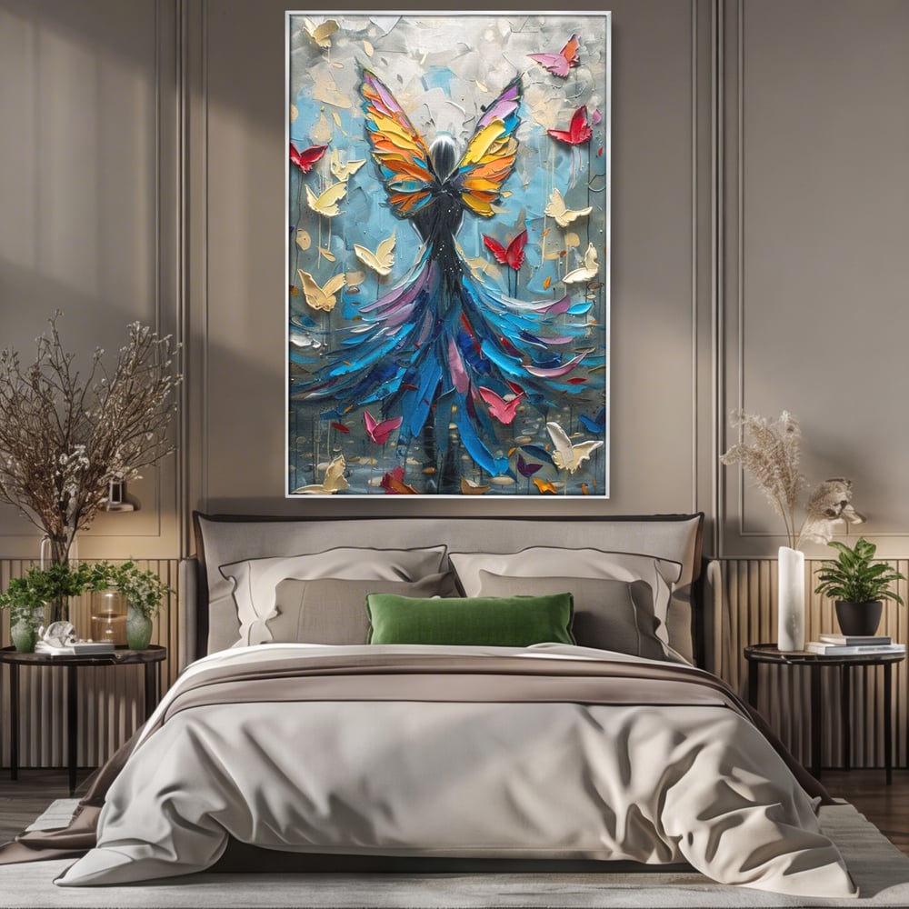 Tablou Canvas Premium, LuxCanva® M1125, Regina Fluturilor, Feminin, Fata, Rochie, Metamorfoza, Aripi, Fluturi, Pictura, Modern, Arta, Oniric, Transformare, Birou, Living, Camera Copil