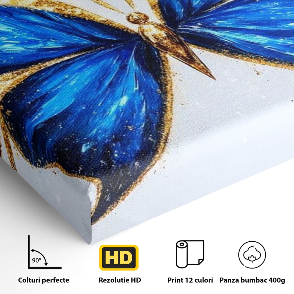 Tablou Canvas Premium, LuxCanva® M1126, Fluture Imperial, Safir, Electric, Auriu, Stralucitor, Pretios, Fluture, Insecta, Elegant, Bijuterie, Aripi, Lumina, Birou, Living, Camera Copil