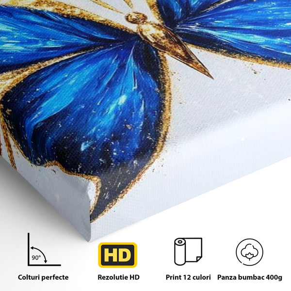 Tablou Canvas Premium, LuxCanva® M1126, Fluture Imperial, Safir, Electric, Auriu, Stralucitor, Pretios, Fluture, Insecta, Elegant, Bijuterie, Aripi, Lumina, Birou, Living, Camera Copil