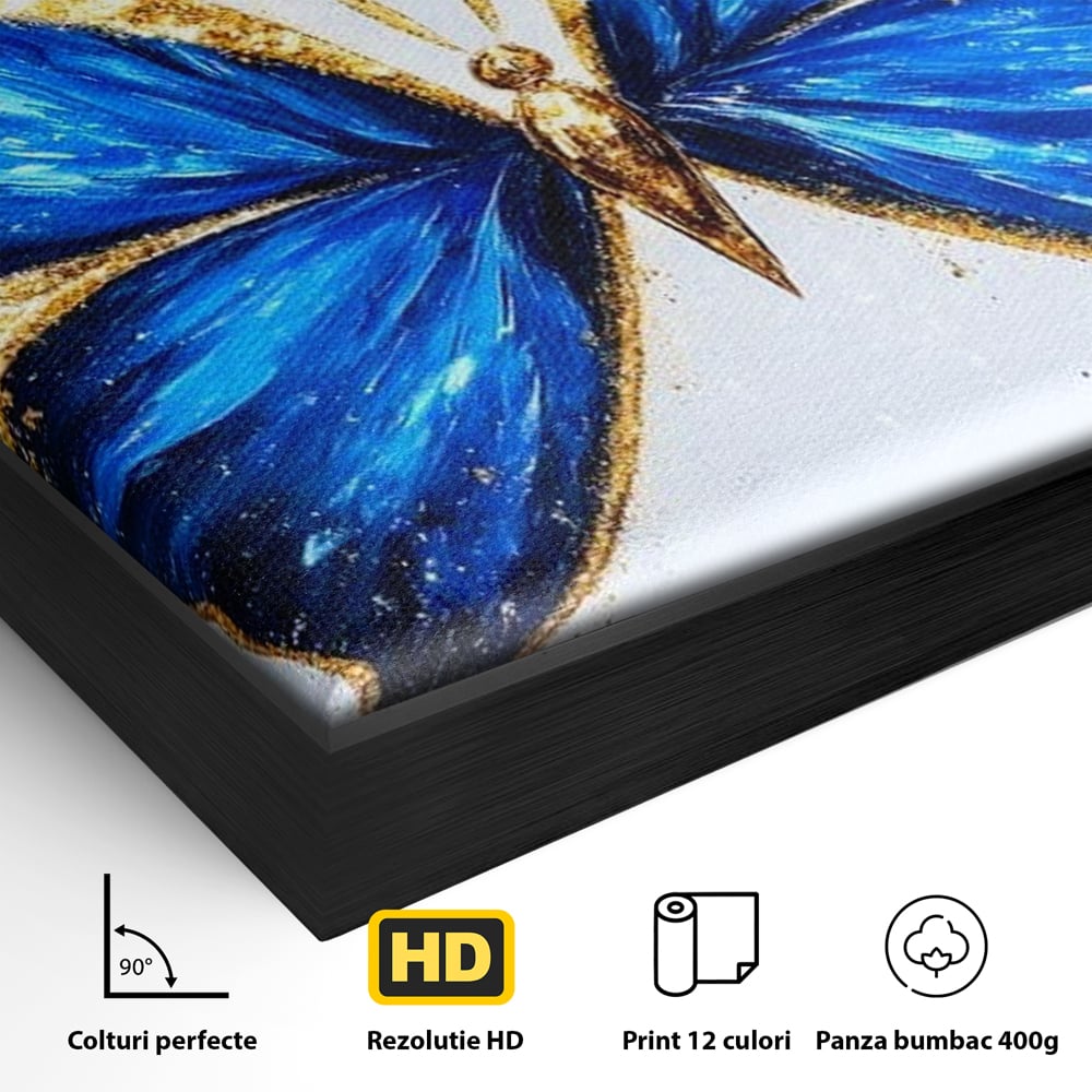 Tablou Canvas Premium, LuxCanva® M1126, Fluture Imperial, Safir, Electric, Auriu, Stralucitor, Pretios, Fluture, Insecta, Elegant, Bijuterie, Aripi, Lumina, Birou, Living, Camera Copil