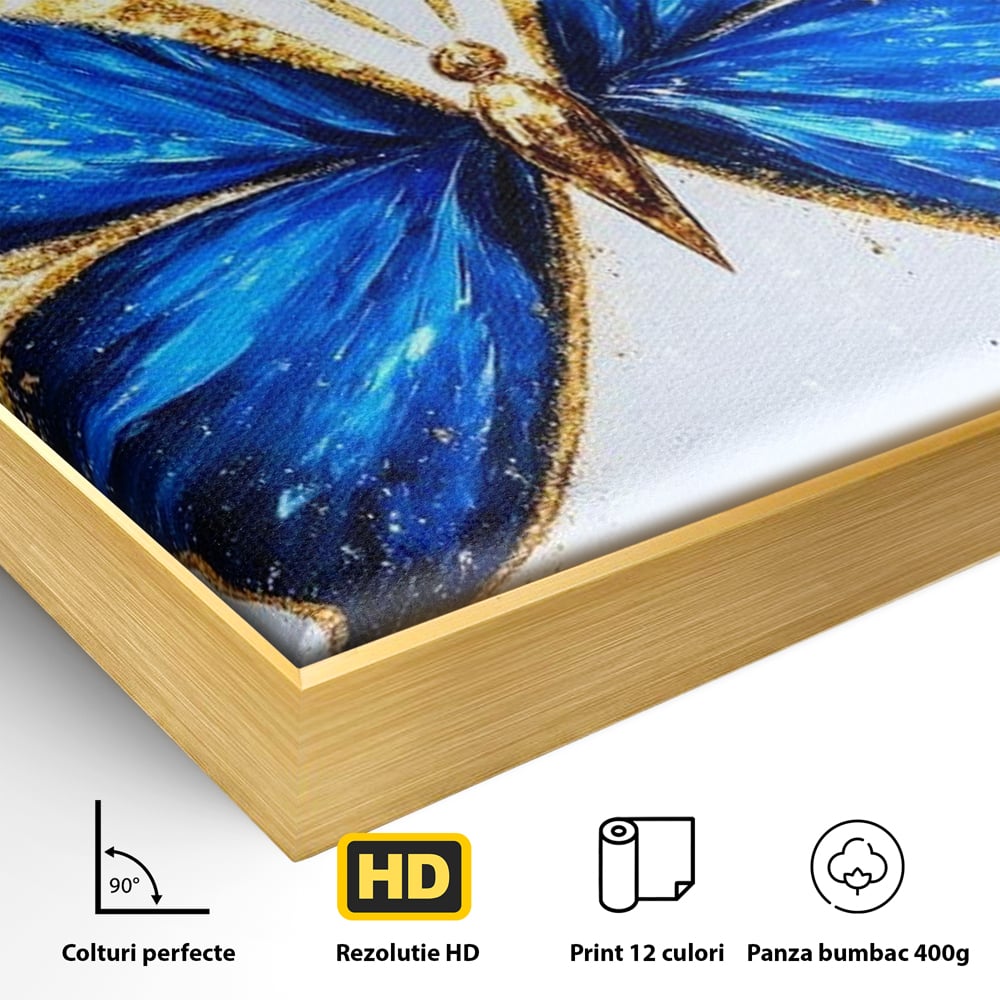 Tablou Canvas Premium, LuxCanva® M1126, Fluture Imperial, Safir, Electric, Auriu, Stralucitor, Pretios, Fluture, Insecta, Elegant, Bijuterie, Aripi, Lumina, Birou, Living, Camera Copil