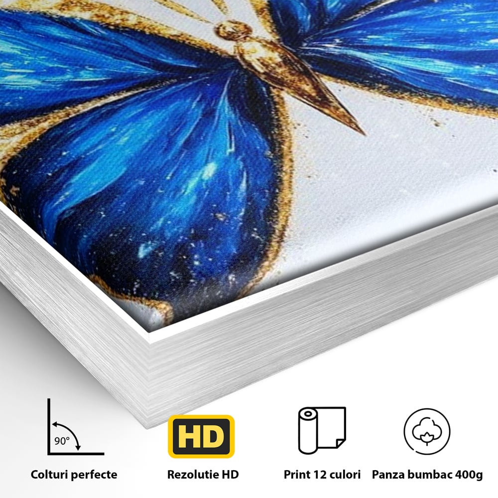Tablou Canvas Premium, LuxCanva® M1126, Fluture Imperial, Safir, Electric, Auriu, Stralucitor, Pretios, Fluture, Insecta, Elegant, Bijuterie, Aripi, Lumina, Birou, Living, Camera Copil