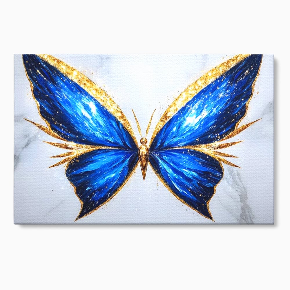 Tablou Canvas Premium, LuxCanva® M1126, Fluture Imperial, Safir, Electric, Auriu, Stralucitor, Pretios, Fluture, Insecta, Elegant, Bijuterie, Aripi, Lumina, Birou, Living, Camera Copil