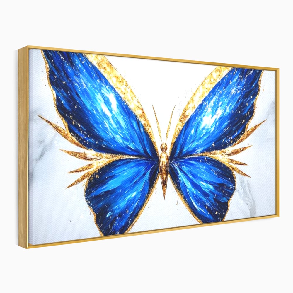 Tablou Canvas Premium, LuxCanva® M1126, Fluture Imperial, Safir, Electric, Auriu, Stralucitor, Pretios, Fluture, Insecta, Elegant, Bijuterie, Aripi, Lumina, Birou, Living, Camera Copil