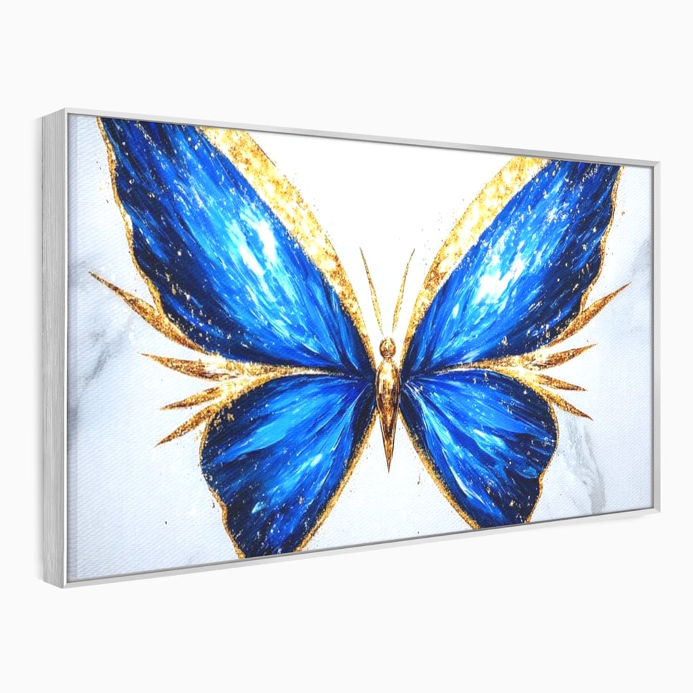 Tablou Canvas Premium, LuxCanva® M1126, Fluture Imperial, Safir, Electric, Auriu, Stralucitor, Pretios, Fluture, Insecta, Elegant, Bijuterie, Aripi, Lumina, Birou, Living, Camera Copil