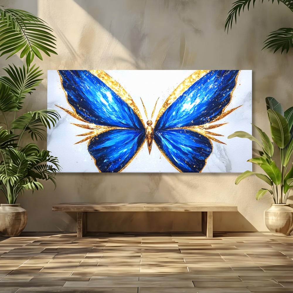 Tablou Canvas Premium, LuxCanva® M1126, Fluture Imperial, Safir, Electric, Auriu, Stralucitor, Pretios, Fluture, Insecta, Elegant, Bijuterie, Aripi, Lumina, Birou, Living, Camera Copil