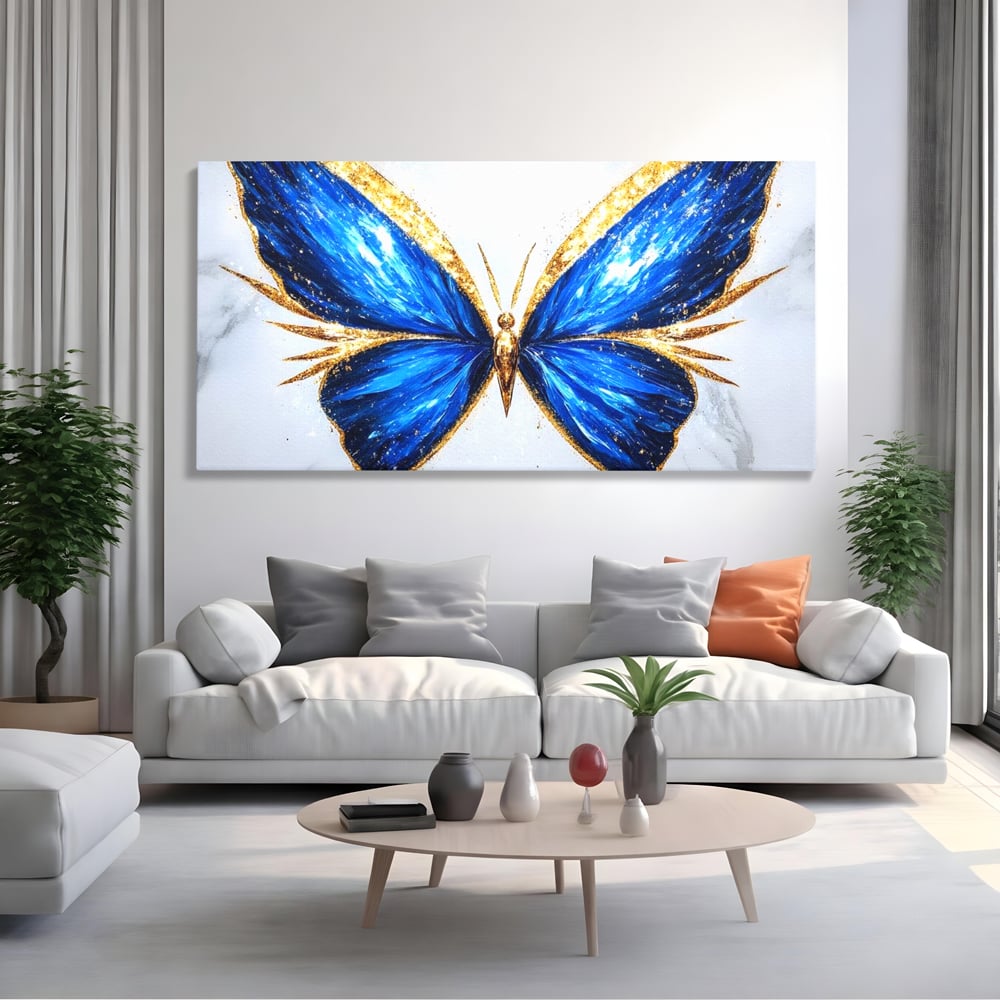 Tablou Canvas Premium, LuxCanva® M1126, Fluture Imperial, Safir, Electric, Auriu, Stralucitor, Pretios, Fluture, Insecta, Elegant, Bijuterie, Aripi, Lumina, Birou, Living, Camera Copil