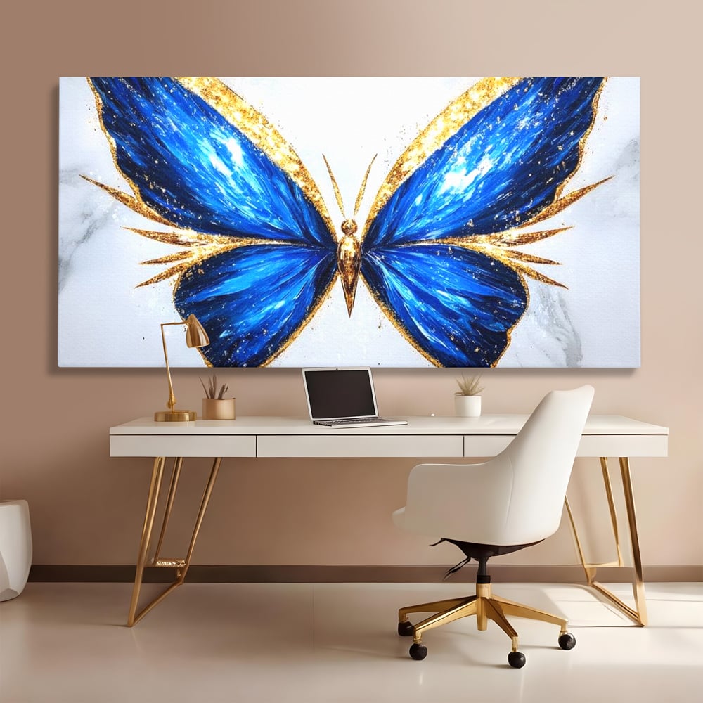 Tablou Canvas Premium, LuxCanva® M1126, Fluture Imperial, Safir, Electric, Auriu, Stralucitor, Pretios, Fluture, Insecta, Elegant, Bijuterie, Aripi, Lumina, Birou, Living, Camera Copil