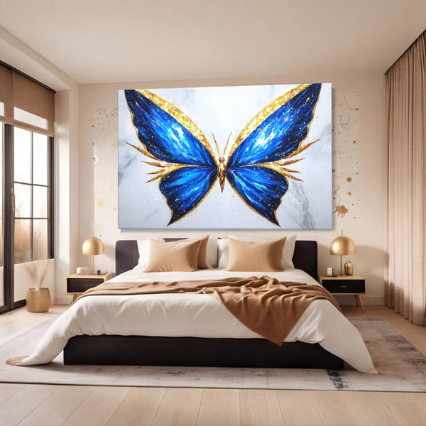 Tablou Canvas Premium, LuxCanva® M1126, Fluture Imperial, Safir, Electric, Auriu, Stralucitor, Pretios, Fluture, Insecta, Elegant, Bijuterie, Aripi, Lumina, Birou, Living, Camera Copil