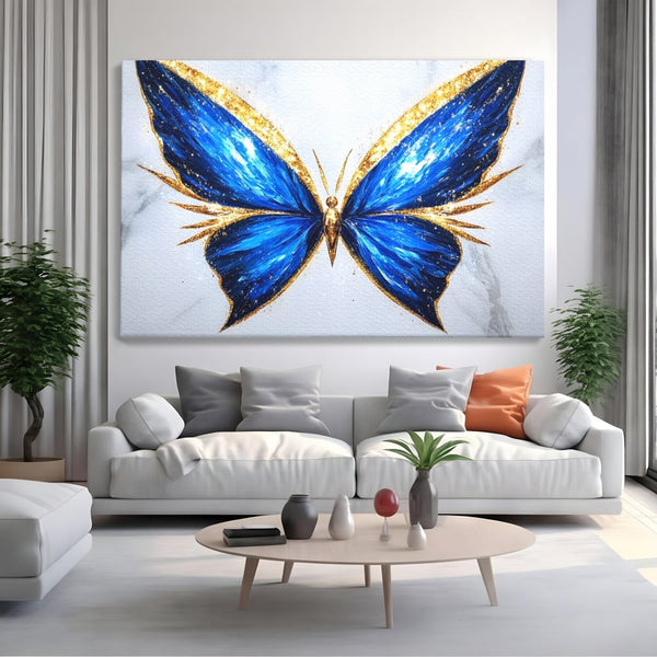 Tablou Canvas Premium, LuxCanva® M1126, Fluture Imperial, Safir, Electric, Auriu, Stralucitor, Pretios, Fluture, Insecta, Elegant, Bijuterie, Aripi, Lumina, Birou, Living, Camera Copil