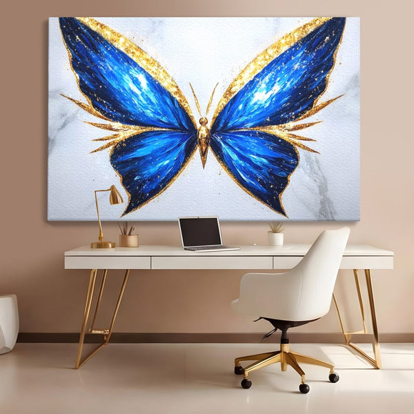 Tablou Canvas Premium, LuxCanva® M1126, Fluture Imperial, Safir, Electric, Auriu, Stralucitor, Pretios, Fluture, Insecta, Elegant, Bijuterie, Aripi, Lumina, Birou, Living, Camera Copil