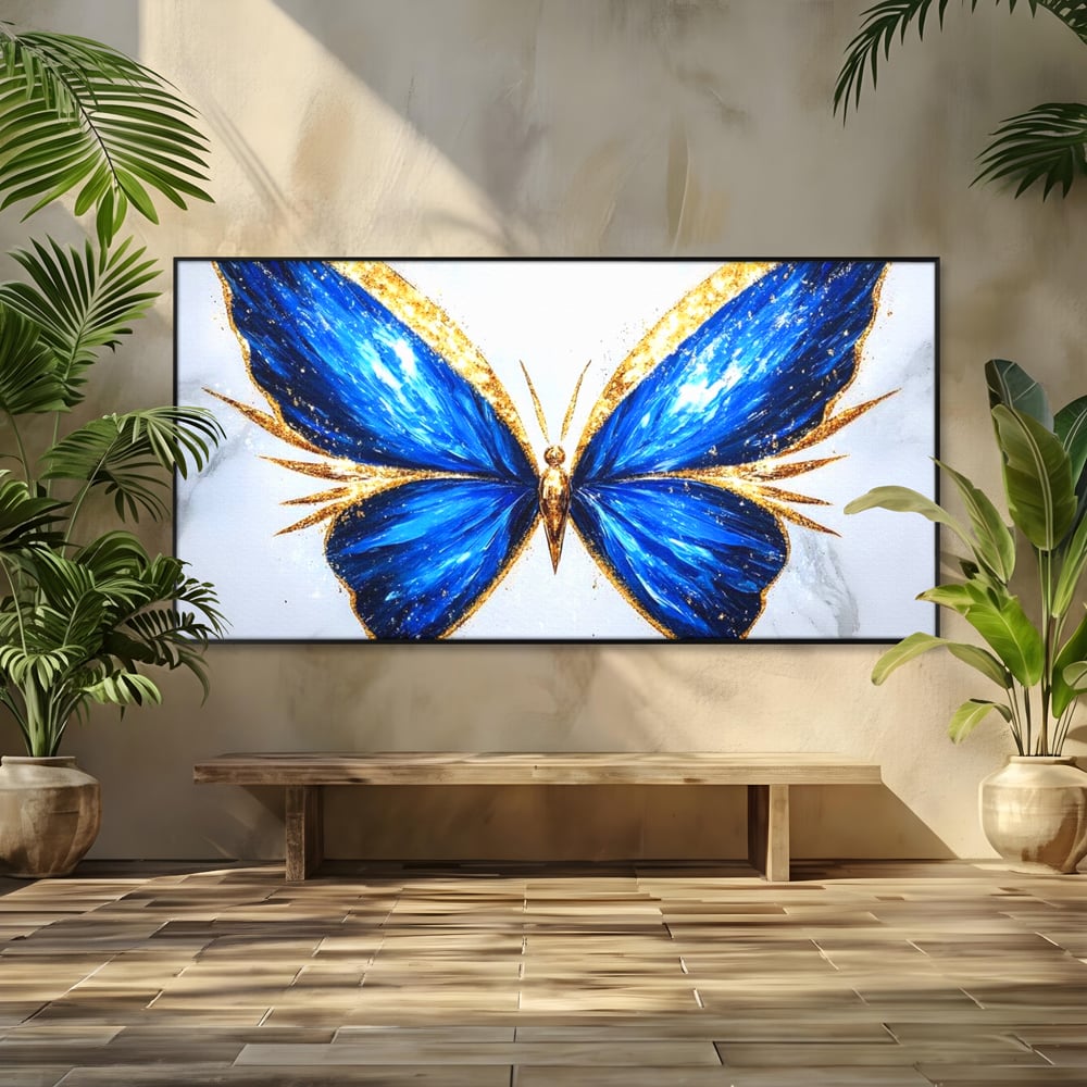 Tablou Canvas Premium, LuxCanva® M1126, Fluture Imperial, Safir, Electric, Auriu, Stralucitor, Pretios, Fluture, Insecta, Elegant, Bijuterie, Aripi, Lumina, Birou, Living, Camera Copil