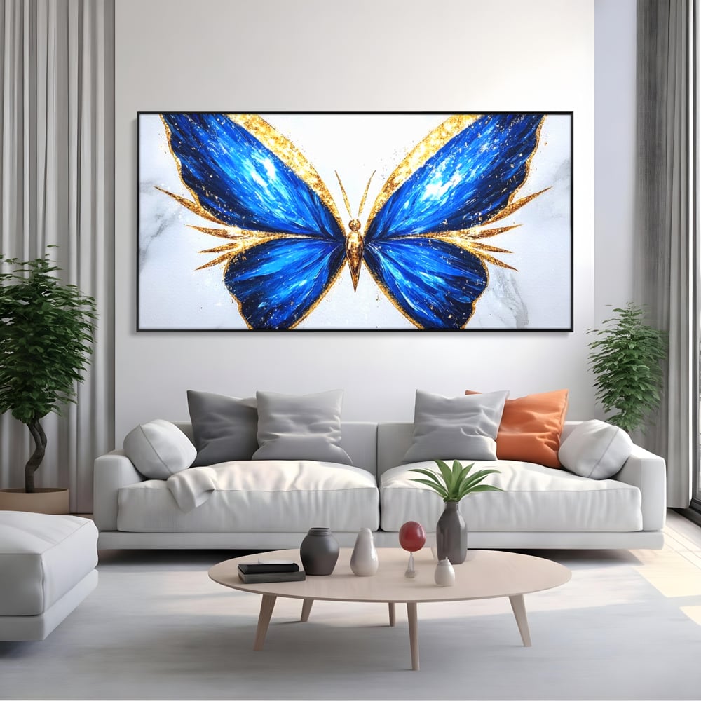 Tablou Canvas Premium, LuxCanva® M1126, Fluture Imperial, Safir, Electric, Auriu, Stralucitor, Pretios, Fluture, Insecta, Elegant, Bijuterie, Aripi, Lumina, Birou, Living, Camera Copil