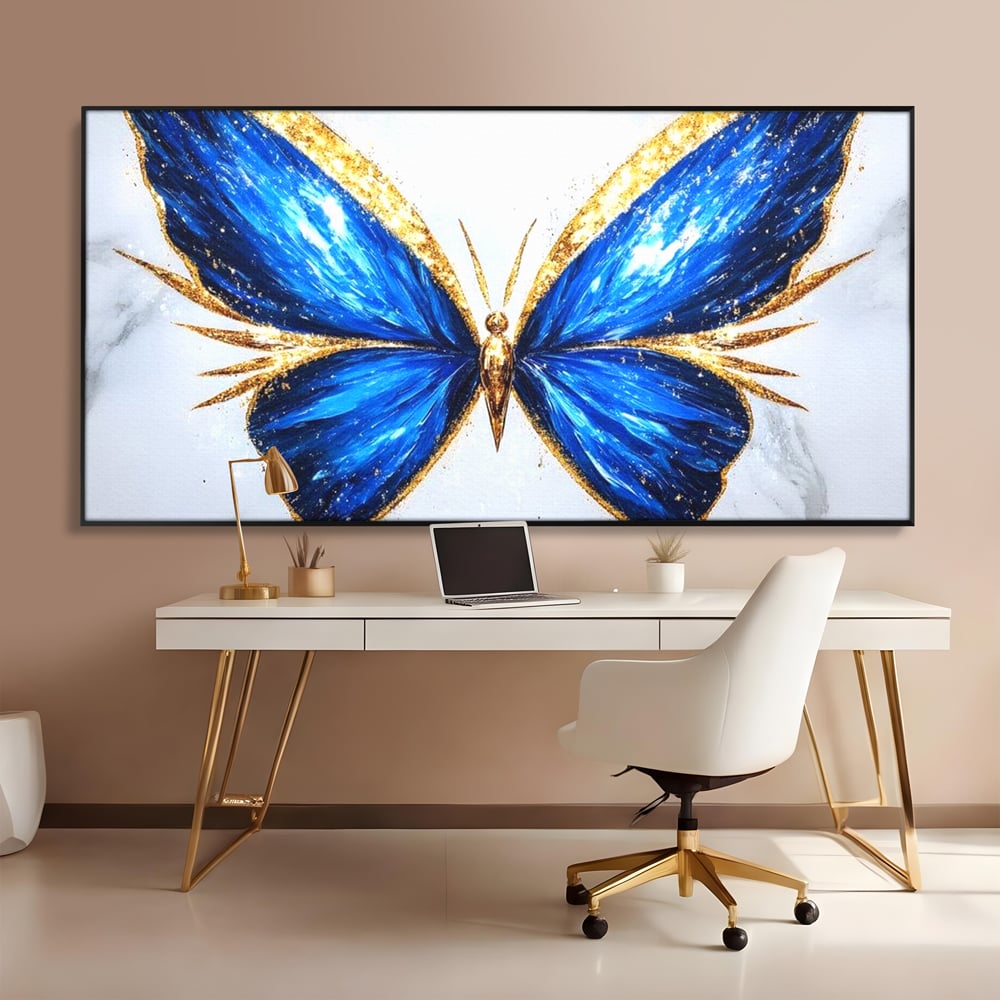 Tablou Canvas Premium, LuxCanva® M1126, Fluture Imperial, Safir, Electric, Auriu, Stralucitor, Pretios, Fluture, Insecta, Elegant, Bijuterie, Aripi, Lumina, Birou, Living, Camera Copil