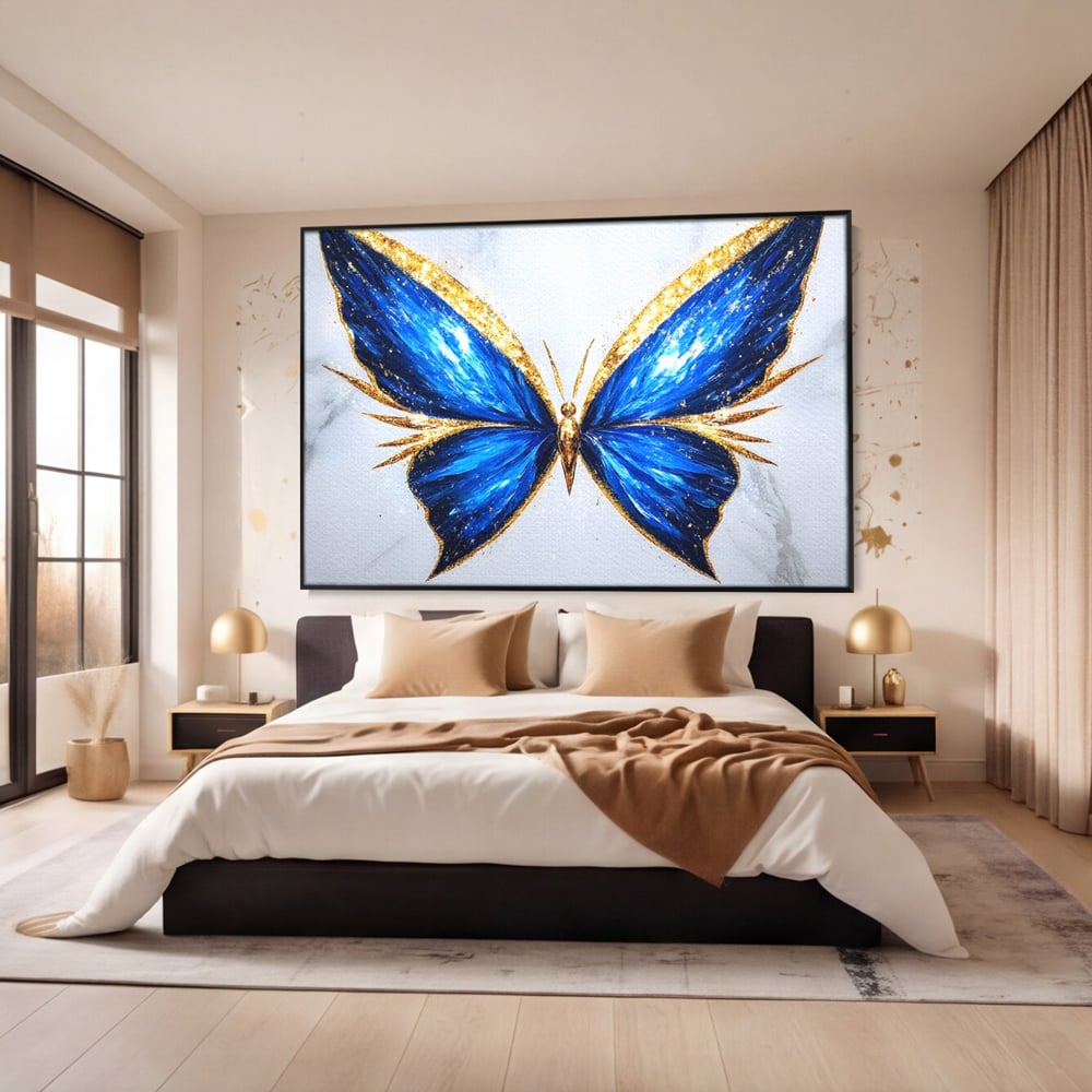 Tablou Canvas Premium, LuxCanva® M1126, Fluture Imperial, Safir, Electric, Auriu, Stralucitor, Pretios, Fluture, Insecta, Elegant, Bijuterie, Aripi, Lumina, Birou, Living, Camera Copil